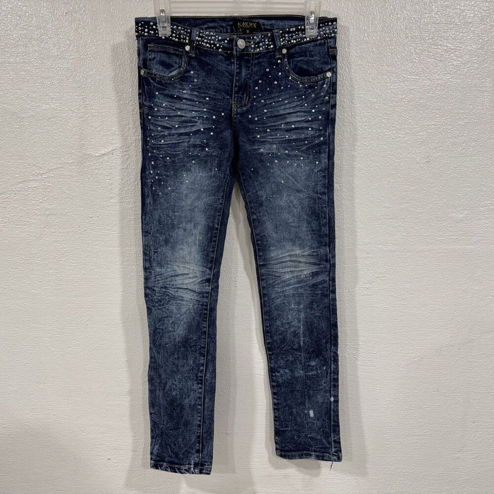 Kroix Premium Denim Women's Rhinestone Studded Jeans, Dark Wash, Size 16